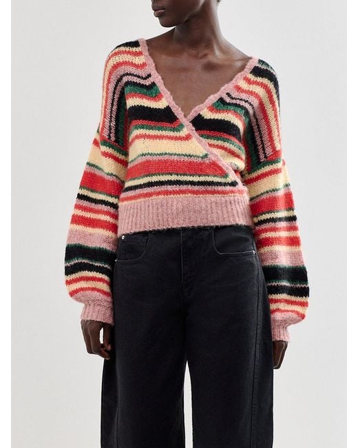 Rixo Red Cari And Alpaca Blend V-Neck Jumper, Wool
