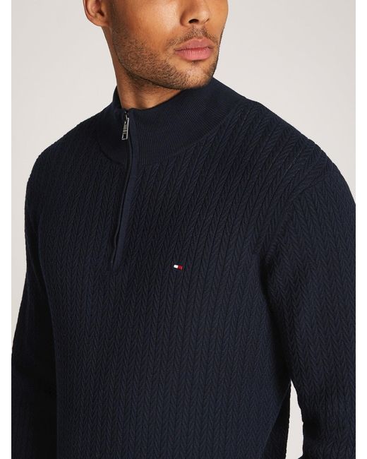Tommy Hilfiger Blue Herringbone Zip Mock Neck Sweater for men