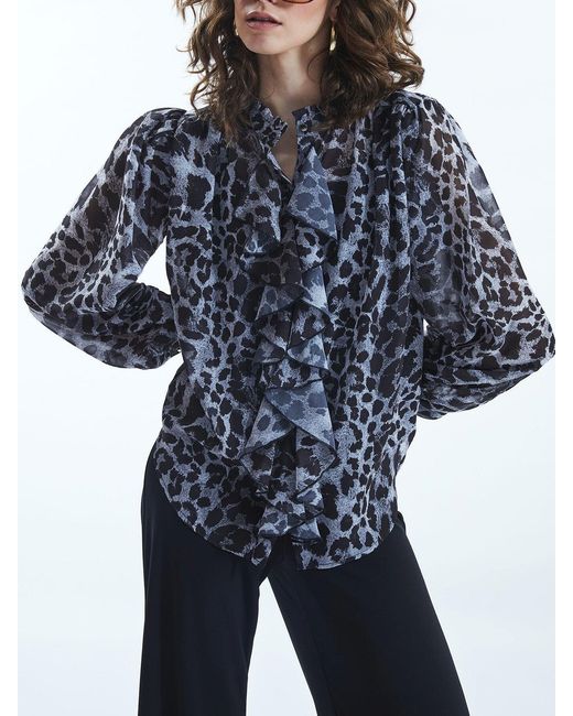 James Lakeland Blue Leopard Print Front Ruffle Shirt