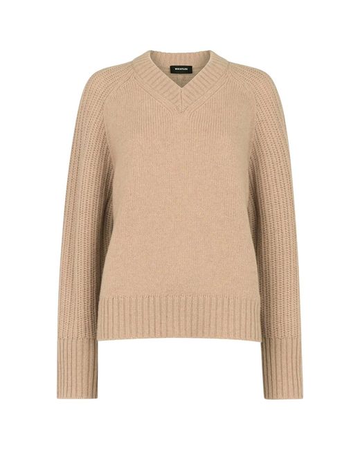 Whistles Natural Ribbed Sleeve V-Neck Knit