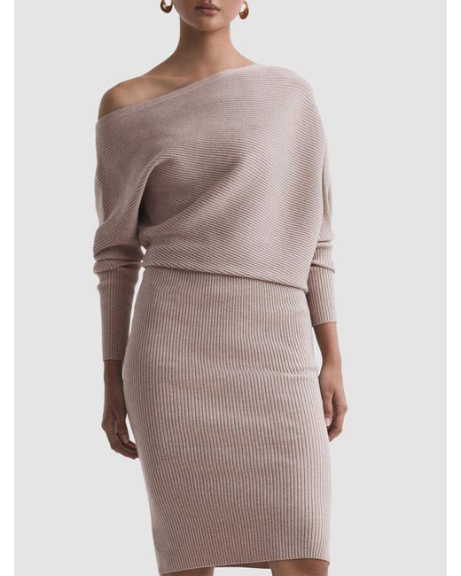 Reiss Gray Lara Off-The-Shoulder Ribbed Midi Dress