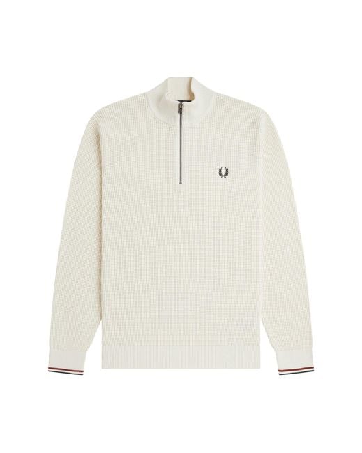 Fred Perry White Waffle Stitch Half Zip Jumper Cream for men