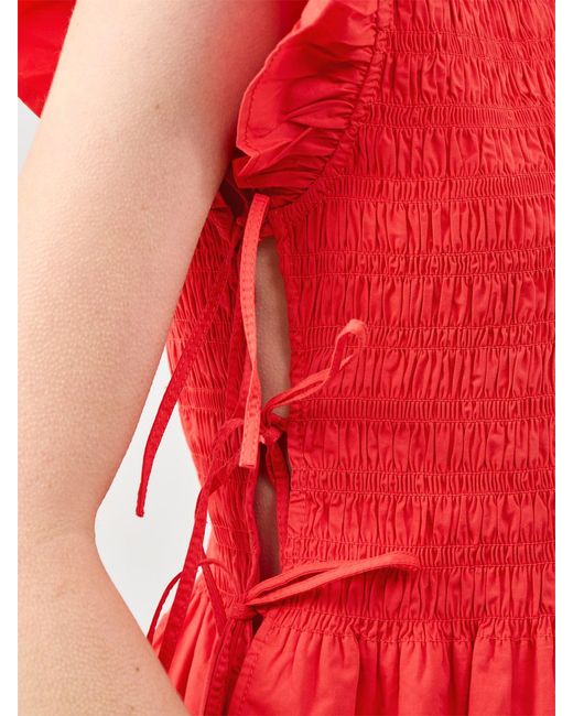 Ganni Red Angel Sleeve Smocked Top