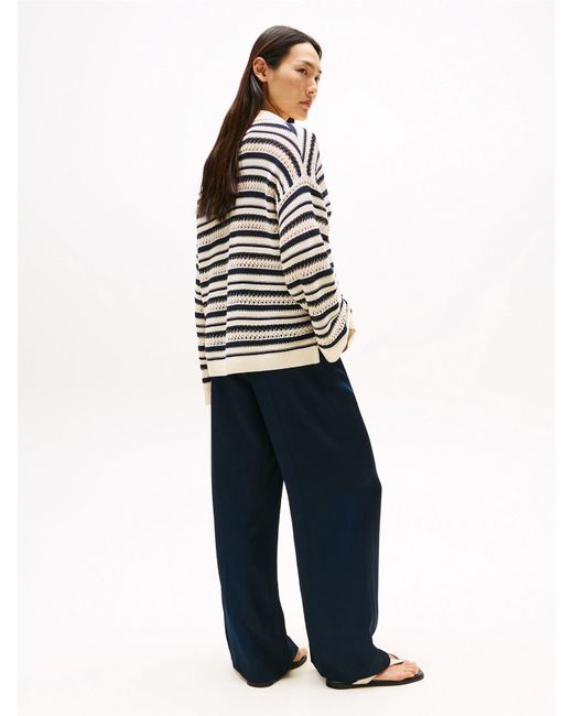 Tommy Hilfiger White Crochet Oversized Polo Jumper