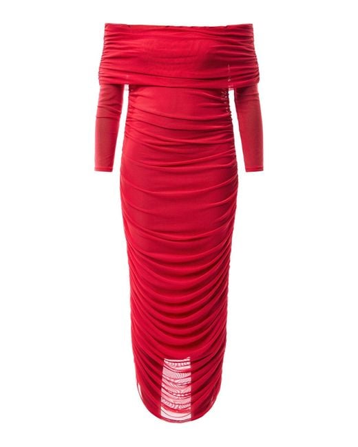 Never Fully Dressed Red Diaz Dress Mesh Off Shoulder