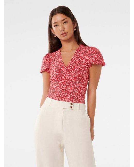Forever New Red Lulu Printed Flutter Sleeves Top