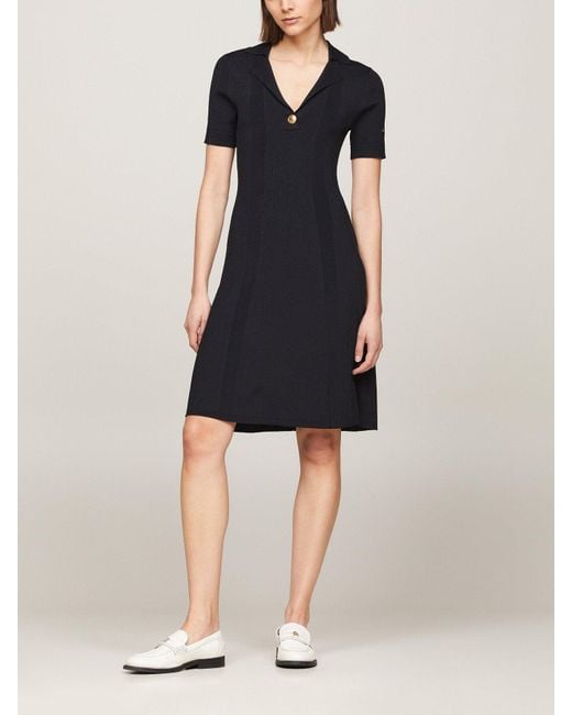 Tommy Hilfiger Black Ribbed Polo Fit And Flare Sweater Dress