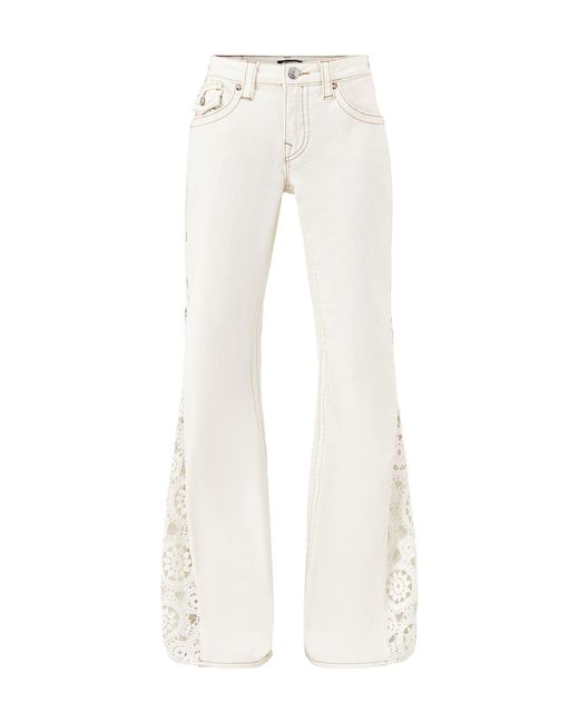True Religion White Crochet Mid Rise Flare Flap Jeans