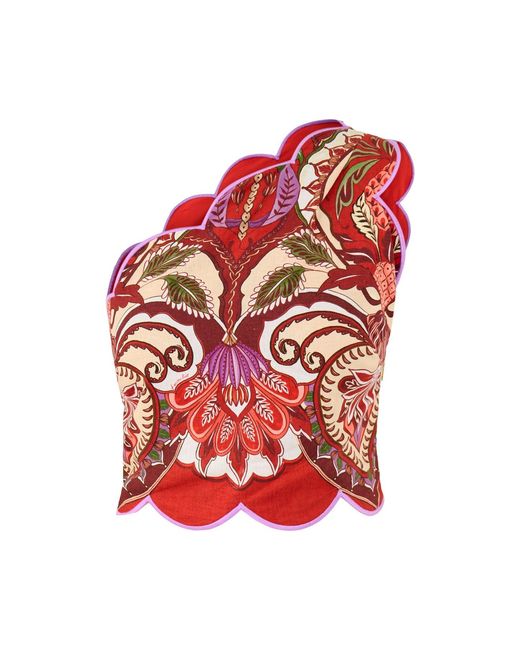 Farm Rio Red Odara One Shoulder Scallop Top