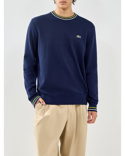 Lacoste Blue Tipped Crew Neck Knit Sweatshirt for men