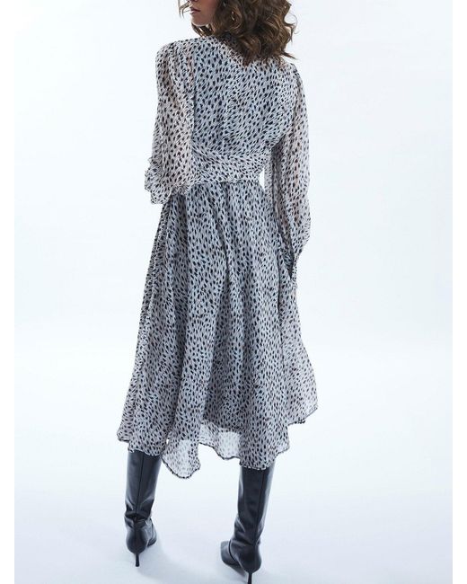 James Lakeland Gray Printed Front Ruffle Midi Dress, Chiffon/Polyester