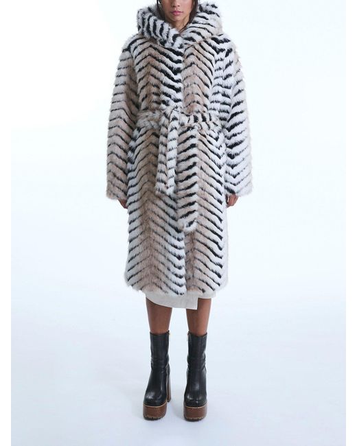 James Lakeland White Faux Fox Belted Long Coat, Polyester