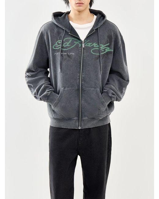 Ed Hardy Gray Art For Life Tattoo Zip Hoodie for men
