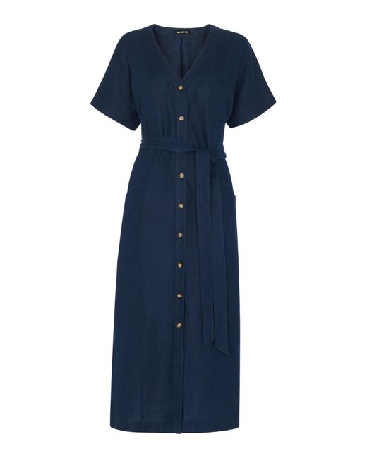 Whistles Blue Women's Linen Belted Midi Dress