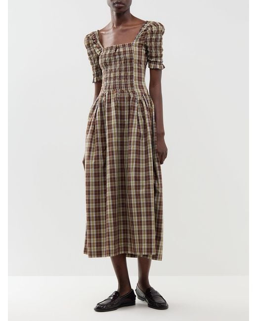 Damson Madder Brown Emmy Shirred Check Midi Dress