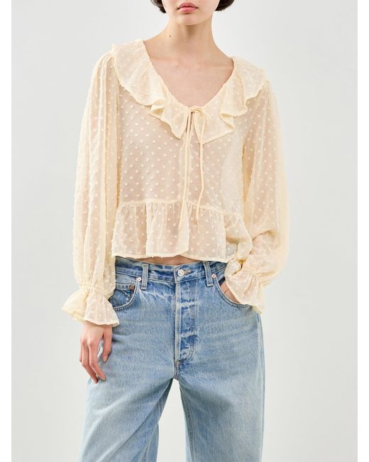 ONLY Natural Isla Long Sleeve Frill Dobby Top Cream