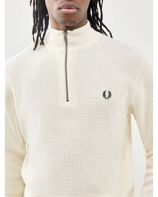 Fred Perry White Waffle Stitch Half Zip Jumper Cream for men