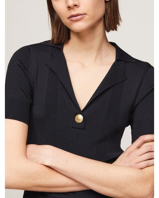 Tommy Hilfiger Black Ribbed Polo Fit And Flare Sweater Dress