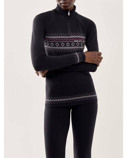 Sweaty Betty Black Fairisle Novelty Half Zip Base Layer
