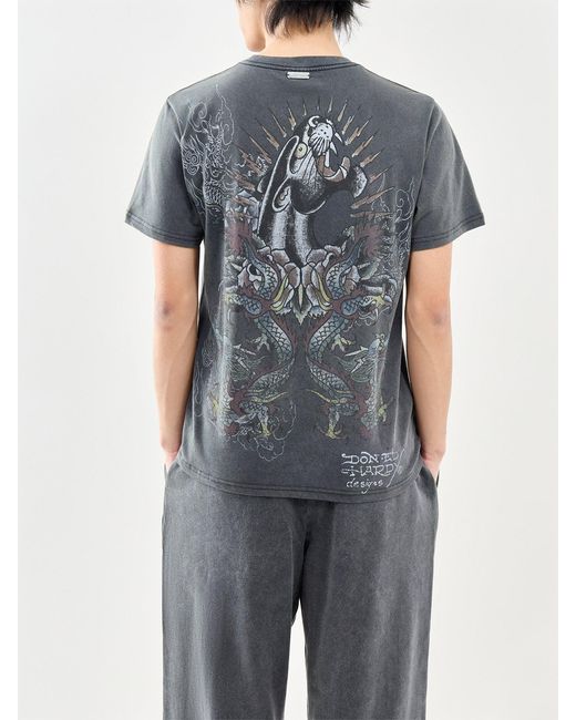 Ed Hardy Gray Dragon Panther Graphic T-Shirt for men