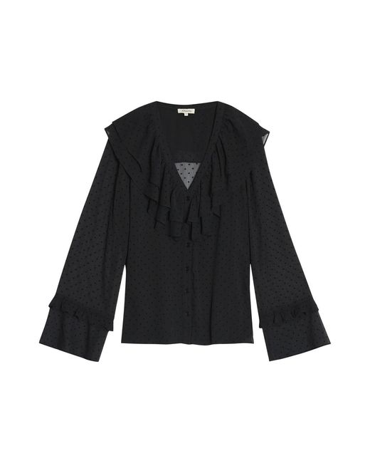 Albaray Black Flocked Spot Ruffle Blouse