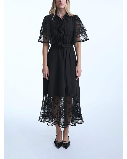 James Lakeland Black Lace Detail Front Ruffle Midi Dress