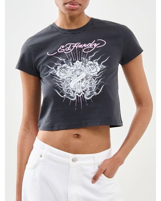 Ed Hardy Blue Vintage Burning Cross Baby Graphic T-Shirt