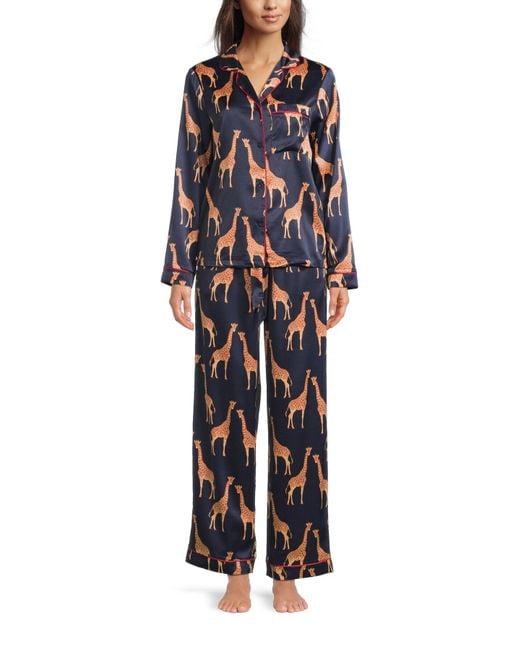 Chelsea Peers Blue Giraffe Print Satin Button Up Long Set