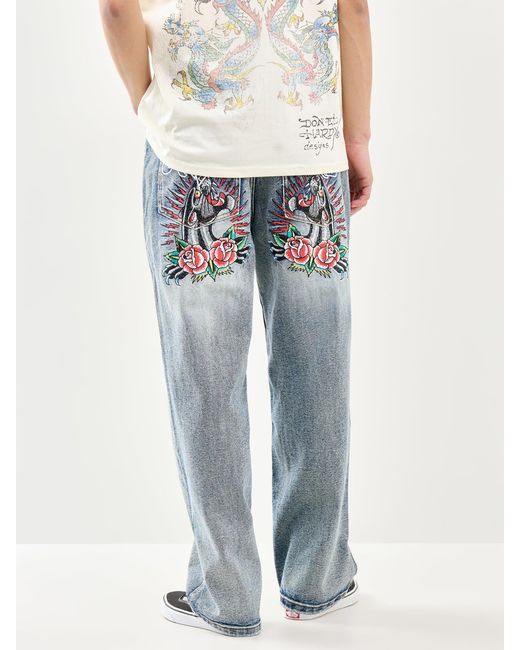Ed Hardy Blue Embroidered Panther Relaxed Jeans for men