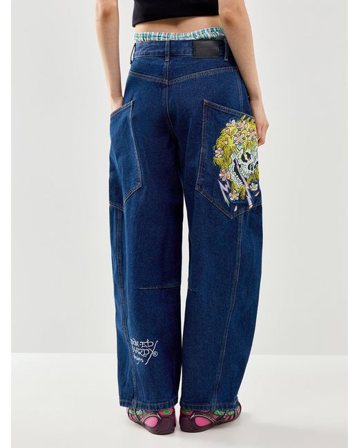 Ed Hardy Blue Gothic Skull Balloon Jeans