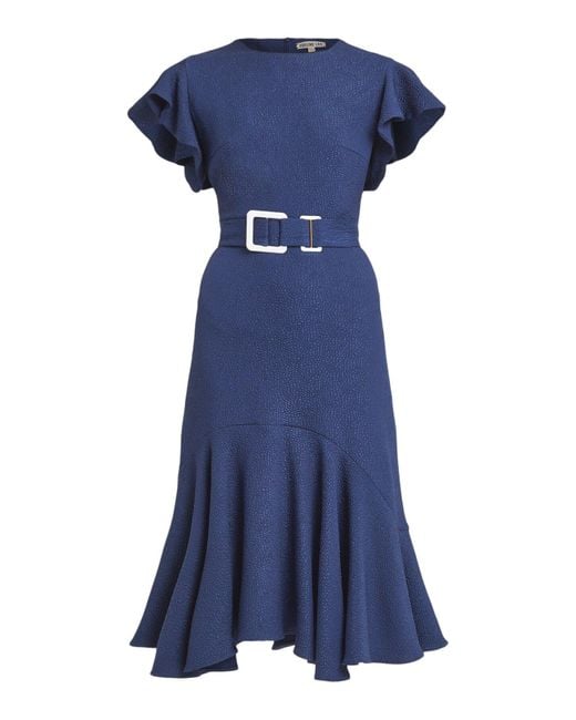 Edeline Lee Blue Women's Belted Midi Dress With Graceful Ruffled Hem And Flutter Sleeves