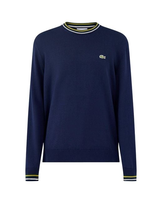 Lacoste Blue Tipped Crew Neck Knit Sweatshirt for men