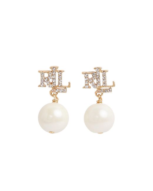 Ralph Lauren White Women's Lauren Ralph Lauren & Crystal Logo Pearl Drop Earrings