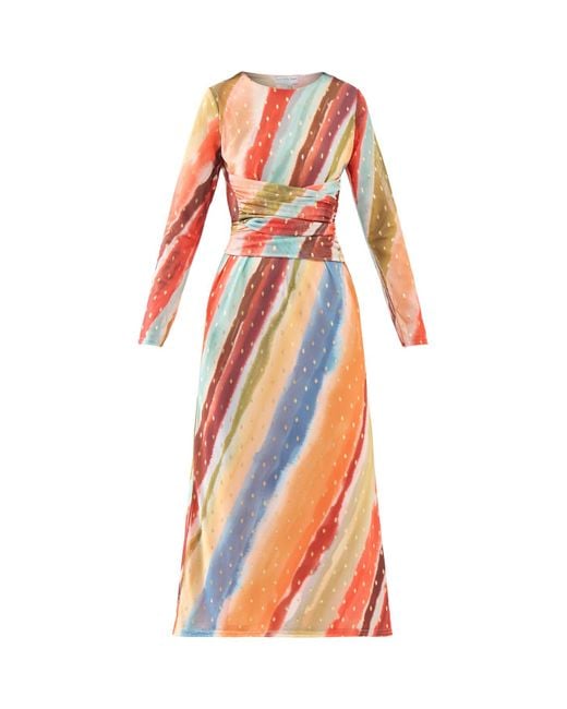 Never Fully Dressed Orange Sunset Stripe Mesh Midi Dress