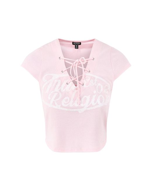 True Religion Pink Lace Up Cap Sleeve Rib Top