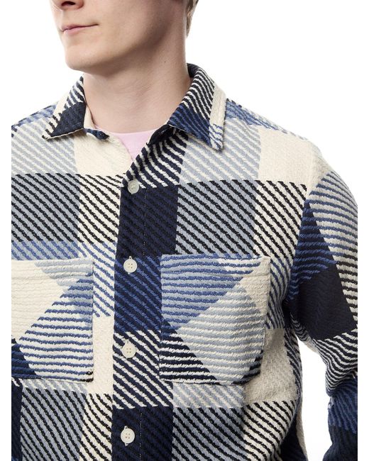 Wax London Blue Whiting And Ecru Block Check Overshirt for men