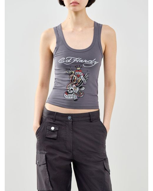 Ed Hardy Gray New York City Diamante Cropped Vest Top