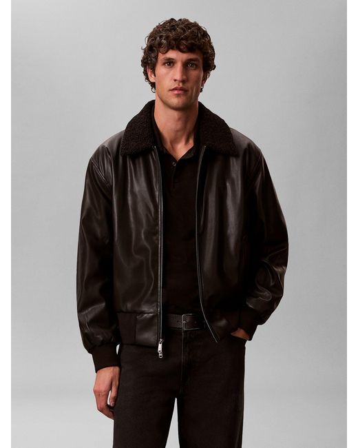 Calvin Klein Black Faux Leather Bomber Jacket for men