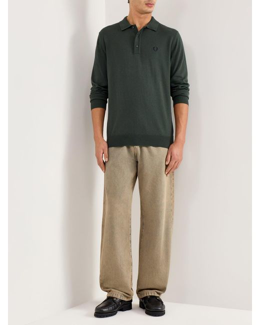 Fred Perry Green Classic Knitted Long Sleeve Polo Shirt for men