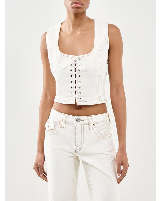 True Religion White Lace Up Denim Top
