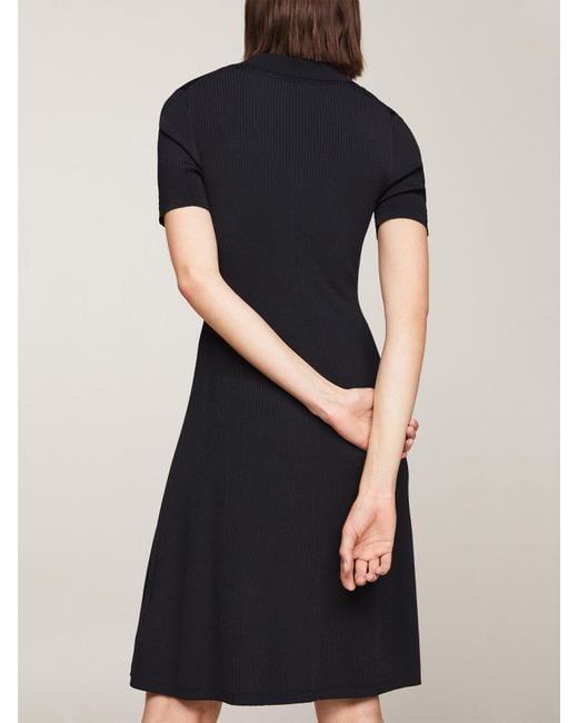 Tommy Hilfiger Black Ribbed Polo Fit And Flare Sweater Dress