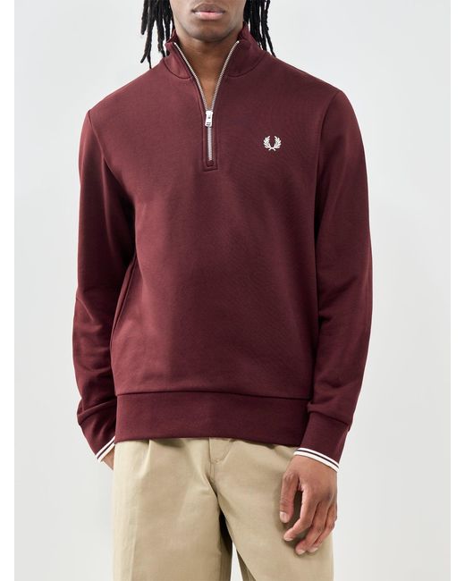 Fred Perry Red Half Zip Sweatshirt Burgundy for men