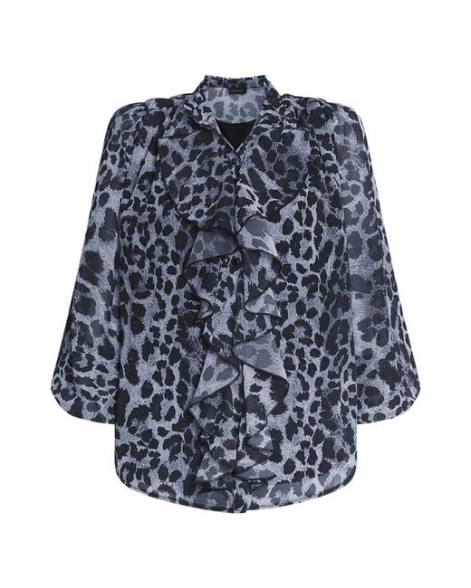 James Lakeland Blue Leopard Print Front Ruffle Shirt