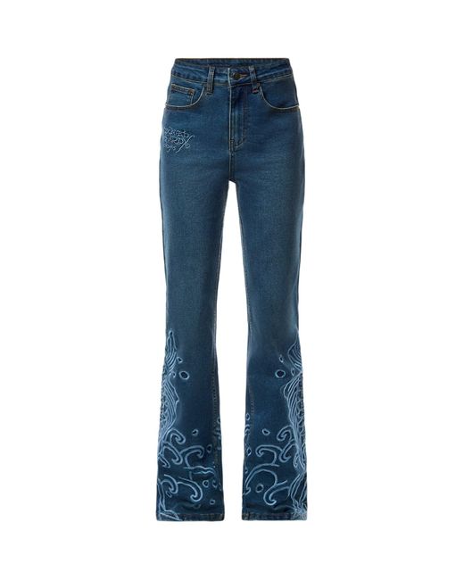 Ed Hardy Blue Jumping Koi Denim Flared Jeans