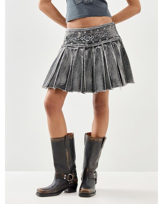 Ed Hardy Gray Contrast Stitch Pleated Rose Skirt