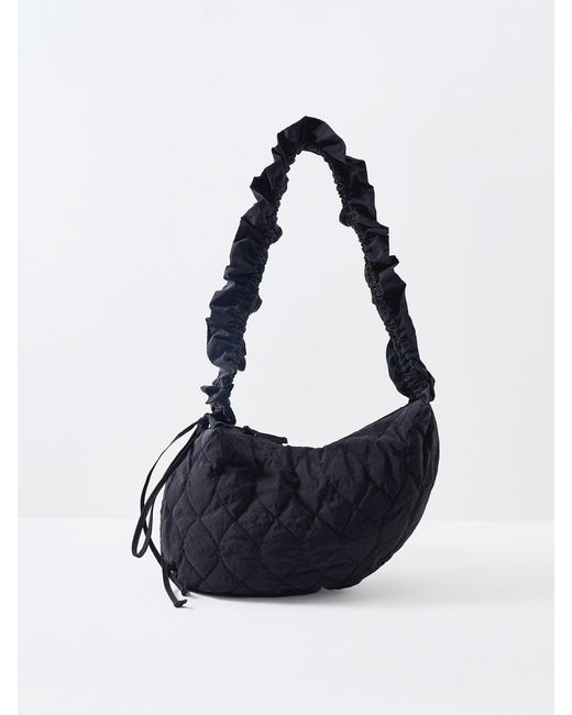 Damson Madder Black Embroidered Rose Ruched Kidney Bag