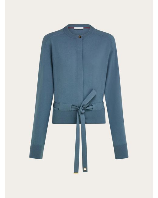 Ferragamo Blue Cardigan With Ribbon Detail