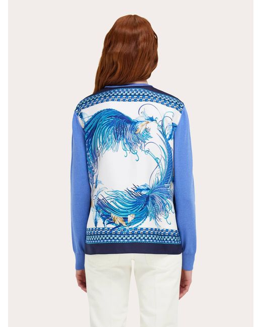 Ferragamo Blue Feather Show Print Crew-Neck Cardigan