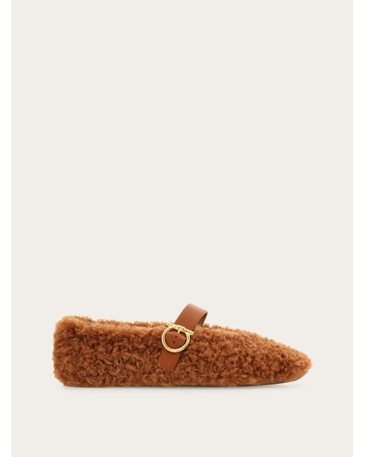 Ferragamo Brown Shearling Ballet Flat
