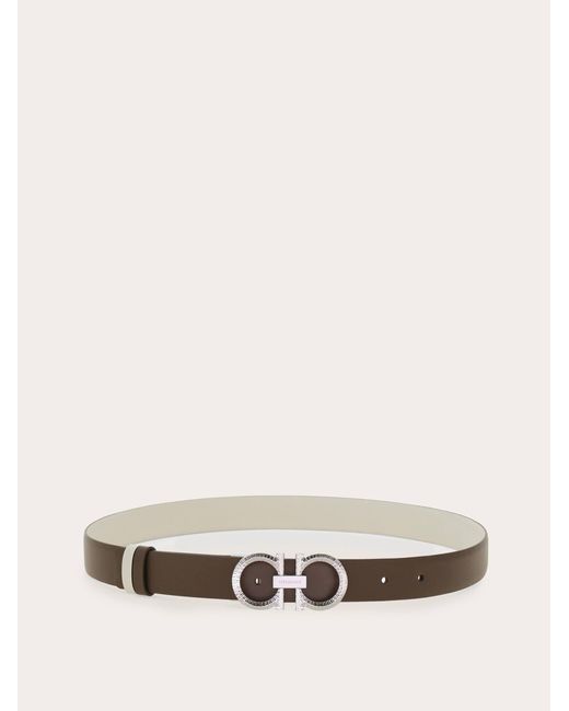 Ferragamo White Reversible And Adjustable Belt With Hammered Gancini